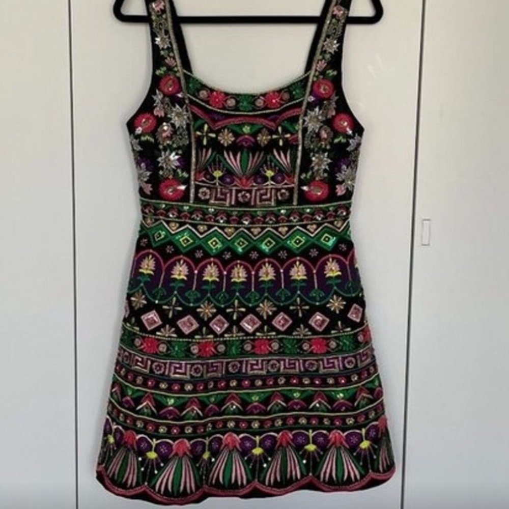 Alice + Olivia Tricia Embellished Mini Dress Black/Multi Size 6 - Picture 2 of 9